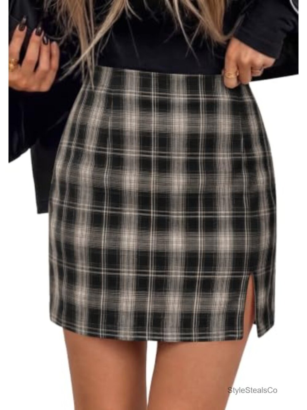 Plaid Mini Pencil Skirt High Waist Side Slit Bodycon Fall Winter